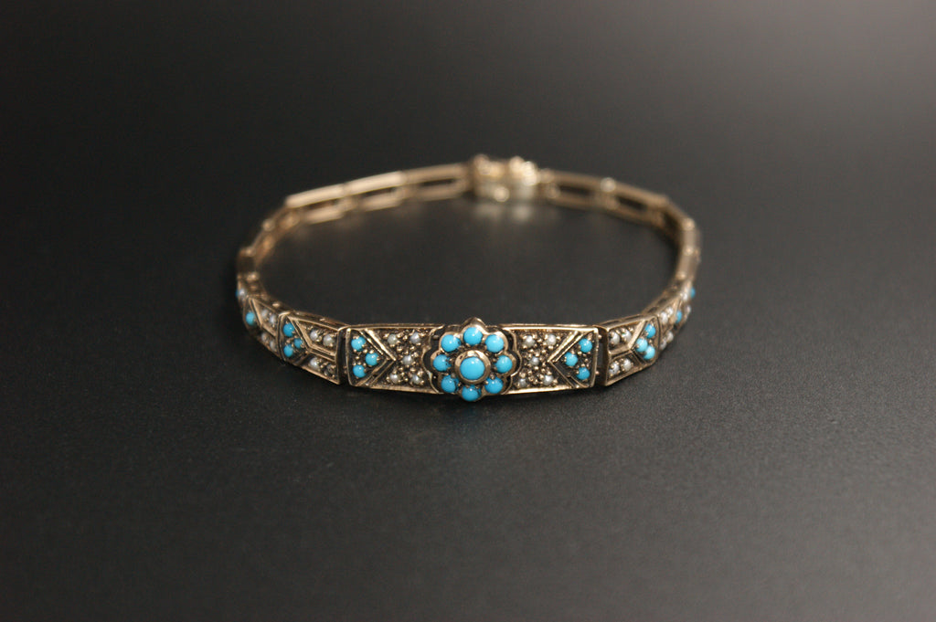 015-Victorian Style 9ct Gold Turquoise and Seed Pearl Bracelet.
