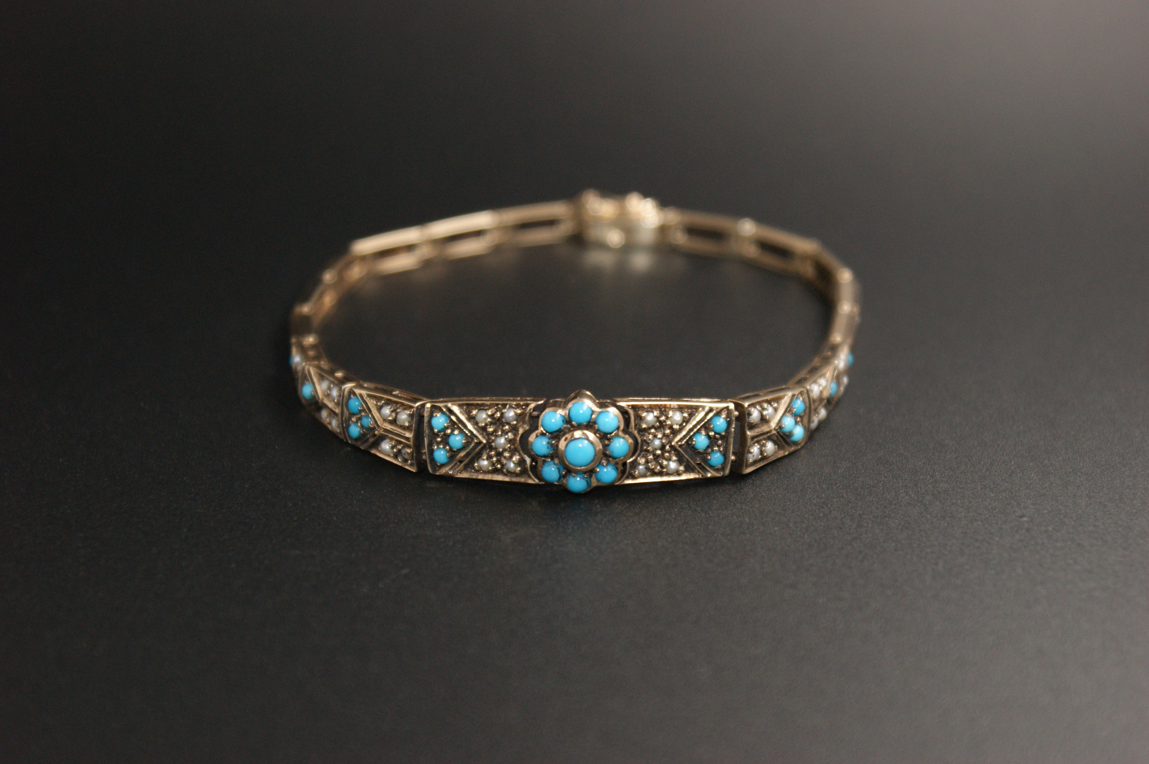 015-Victorian Style 9ct Gold Turquoise and Seed Pearl Bracelet.