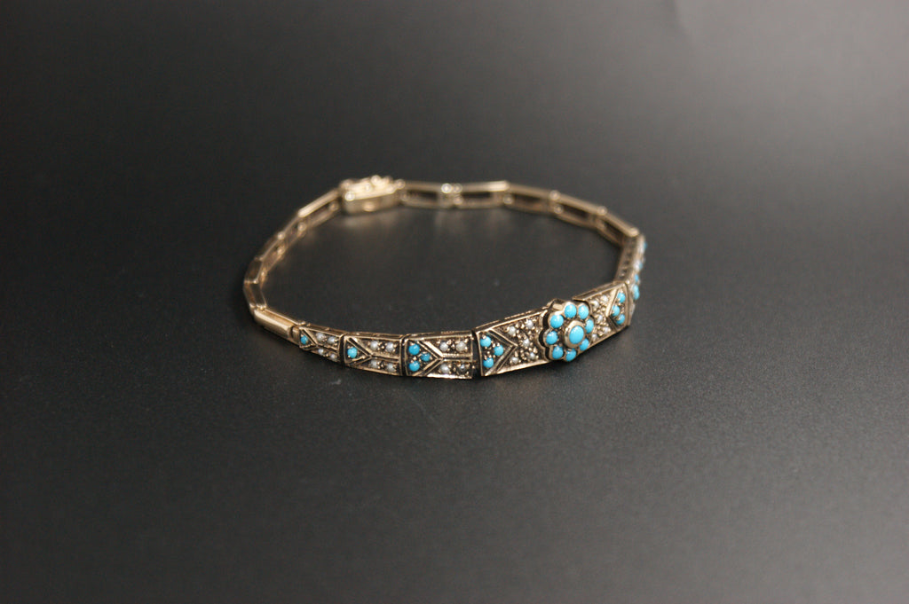 015-Victorian Style 9ct Gold Turquoise and Seed Pearl Bracelet.