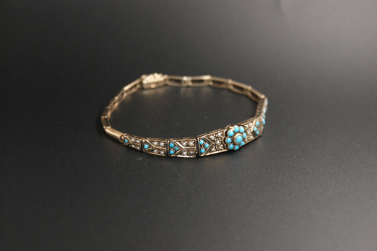 015-Victorian Style 9ct Gold Turquoise and Seed Pearl Bracelet.