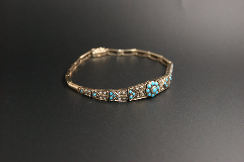 015-Victorian Style 9ct Gold Turquoise and Seed Pearl Bracelet.
