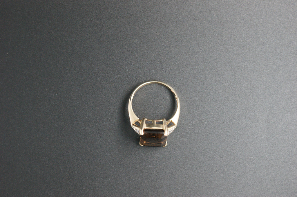 020-9ct Gold Emerald-Cut Smokey Quartz & Diamond Cocktail Ring.