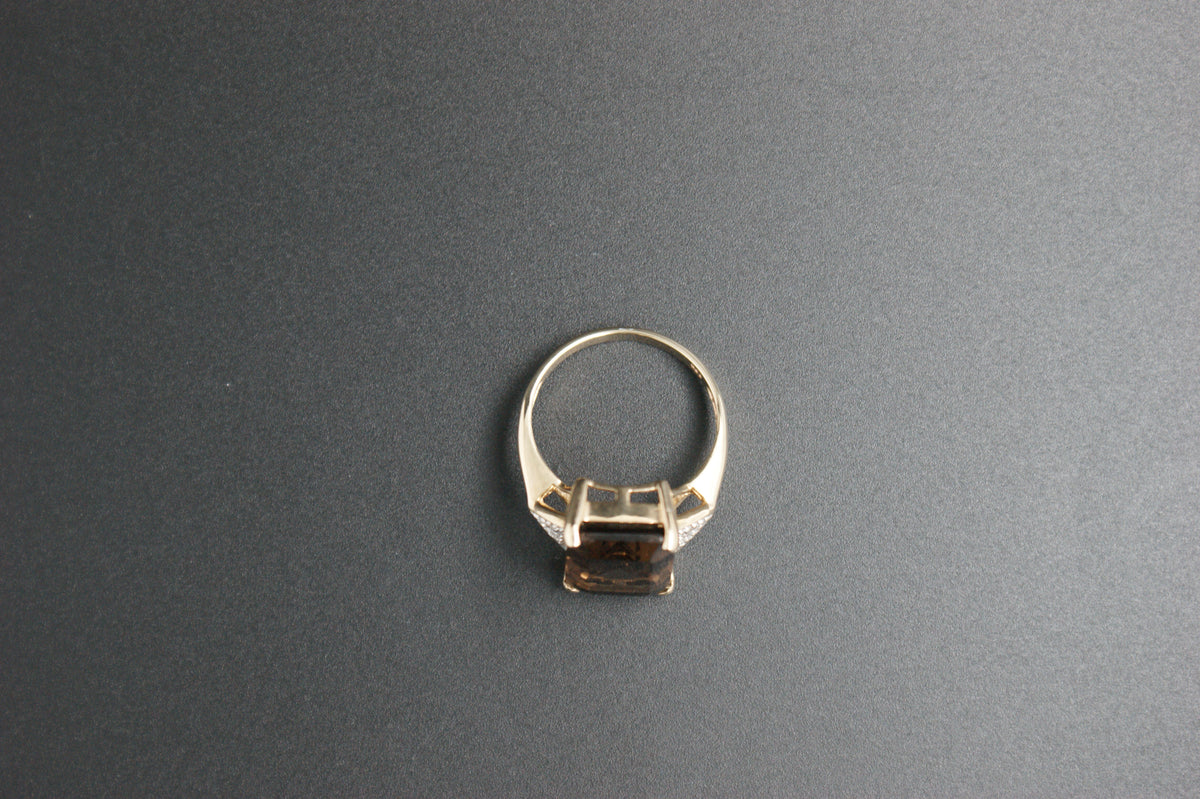 020-9ct Gold Emerald-Cut Smokey Quartz & Diamond Cocktail Ring.
