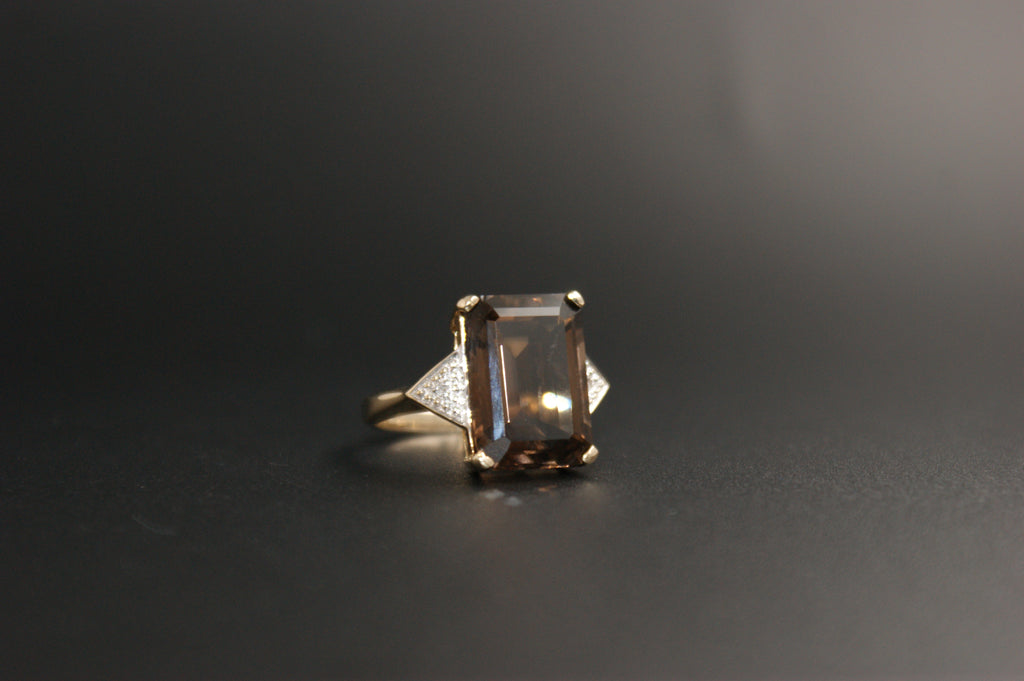 020-9ct Gold Emerald-Cut Smokey Quartz & Diamond Cocktail Ring.