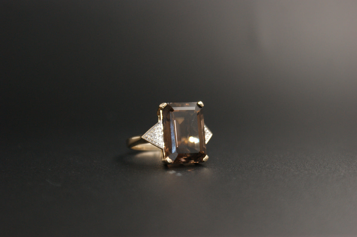 020-9ct Gold Emerald-Cut Smokey Quartz & Diamond Cocktail Ring.