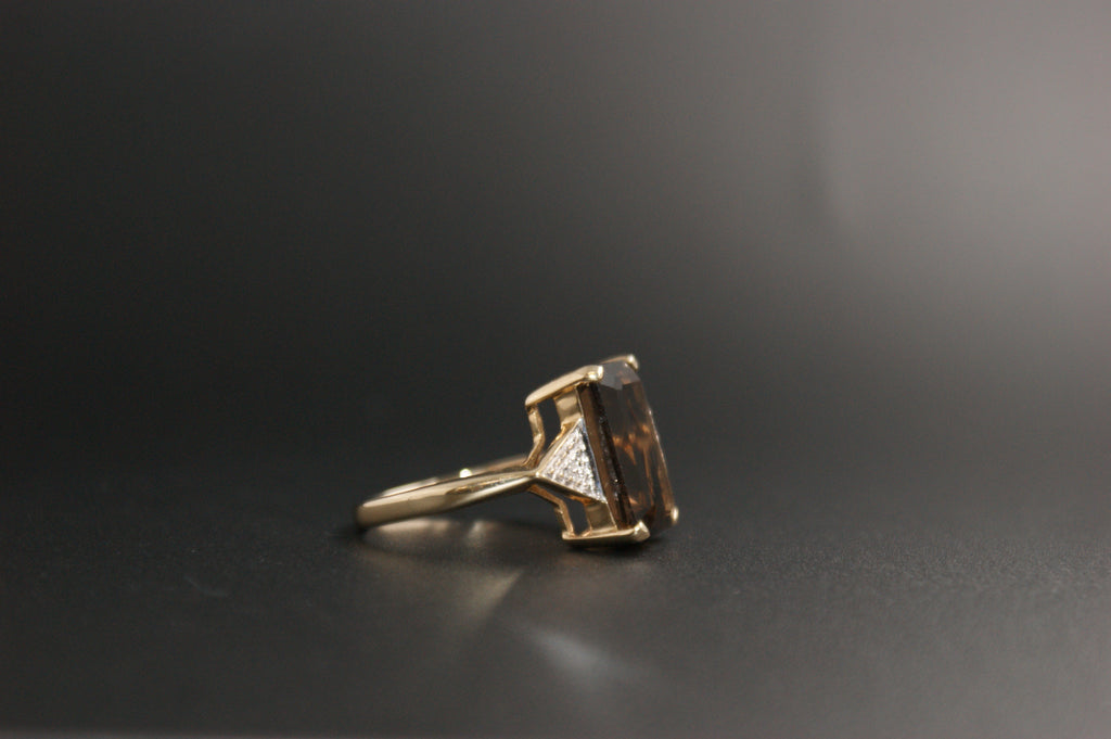 020-9ct Gold Emerald-Cut Smokey Quartz & Diamond Cocktail Ring.