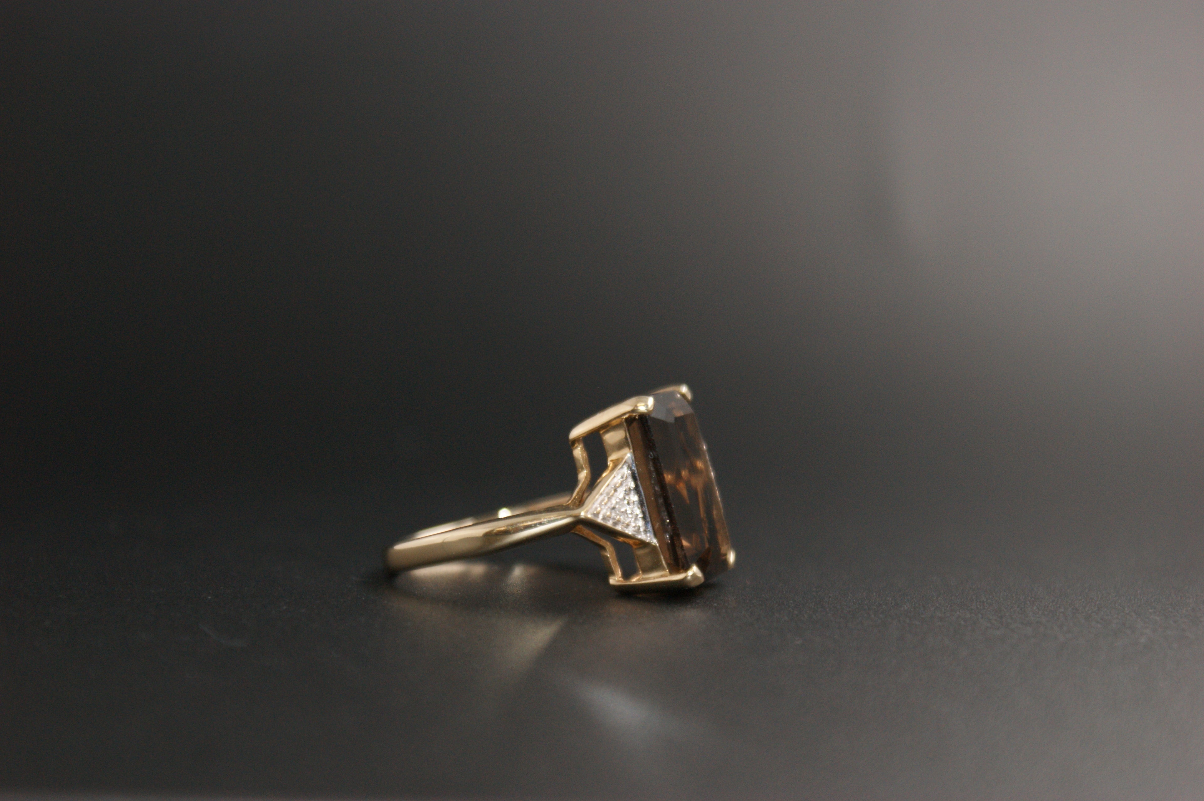 020-9ct Gold Emerald-Cut Smokey Quartz & Diamond Cocktail Ring.