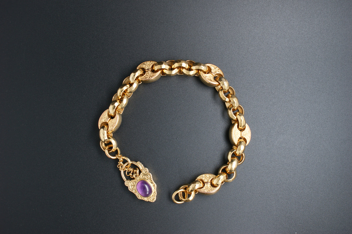 025-9ct Gold Engraved '' Button '' Link Bracelet with Amethyst Padlock Clasp