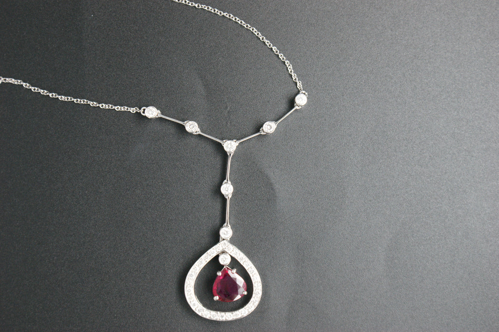 031-18ct White Gold Pear Ruby & Diamond Y-drop Necklace