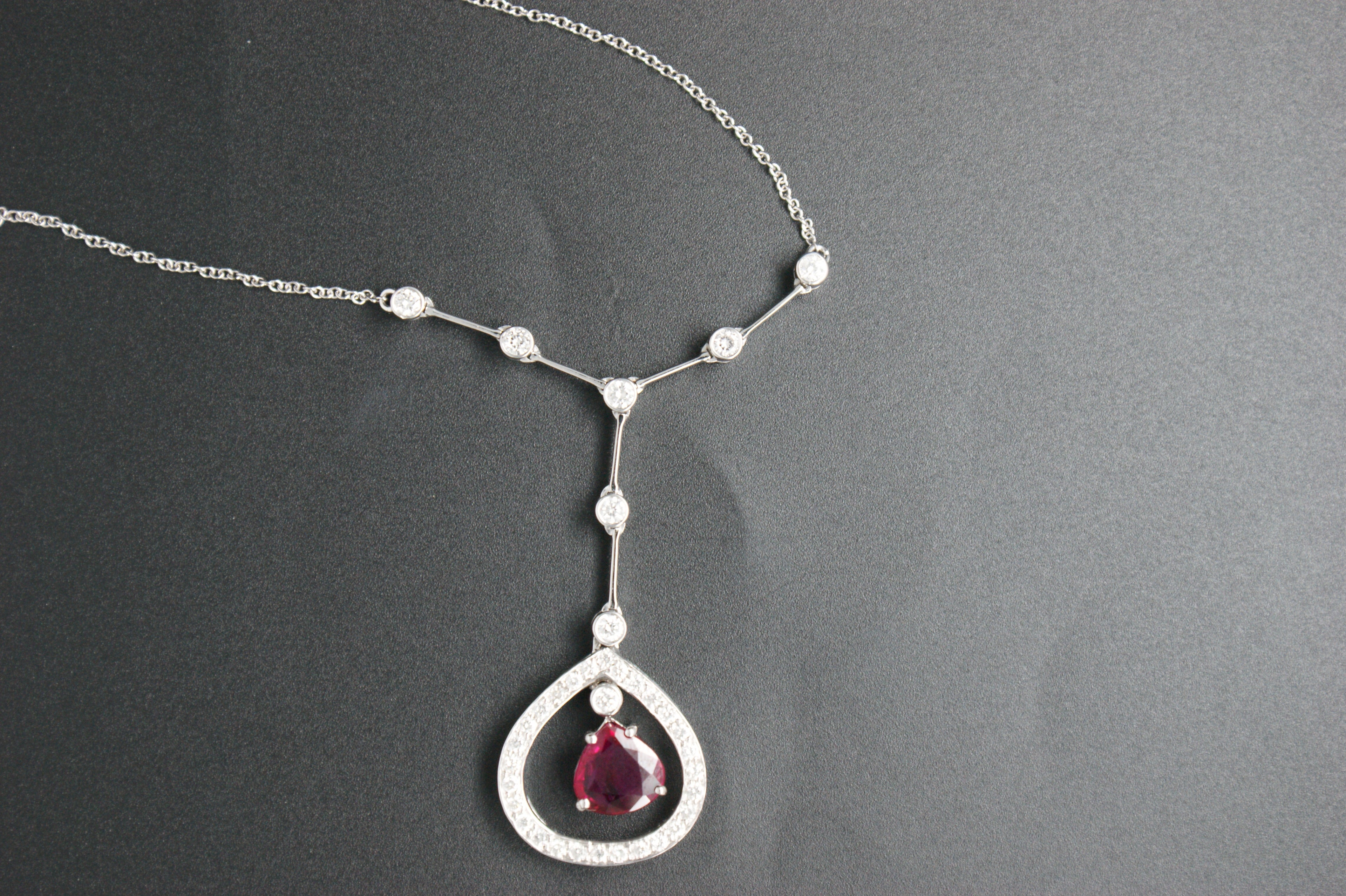 031-18ct White Gold Pear Ruby & Diamond Y-drop Necklace