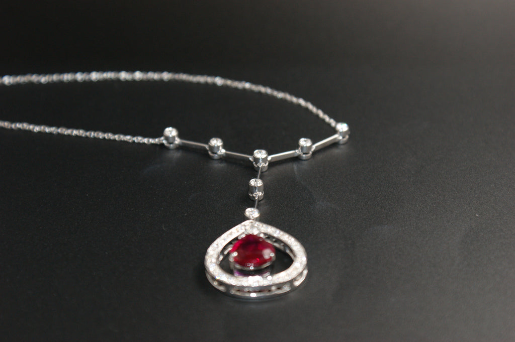 031-18ct White Gold Pear Ruby & Diamond Y-drop Necklace