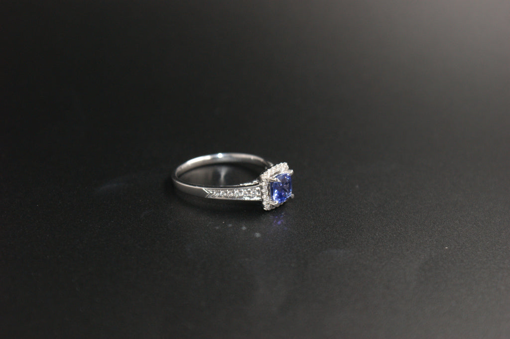 032-18ct White Gold Tanzanite & 0.22ct Diamond Cushion Halo Ring