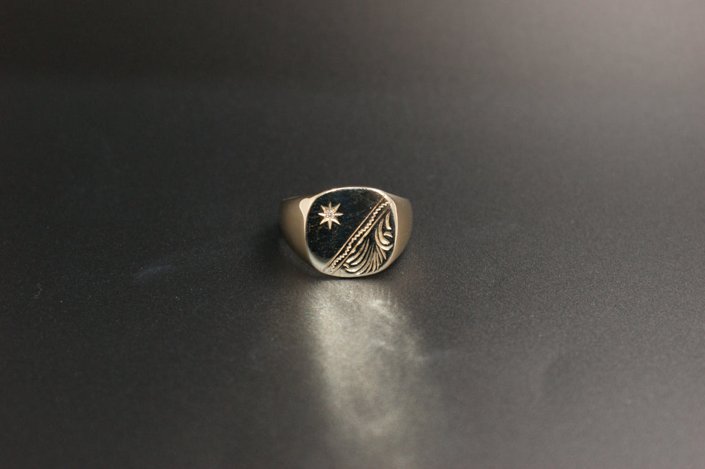 034-9ct Gold Engraved Signet Ring with Star-set Diamond.
