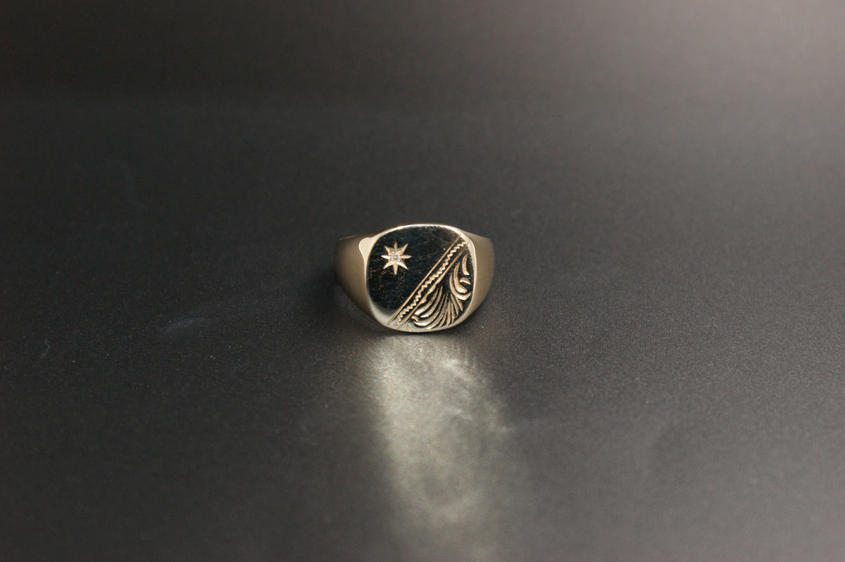 034-9ct Gold Engraved Signet Ring with Star-set Diamond.