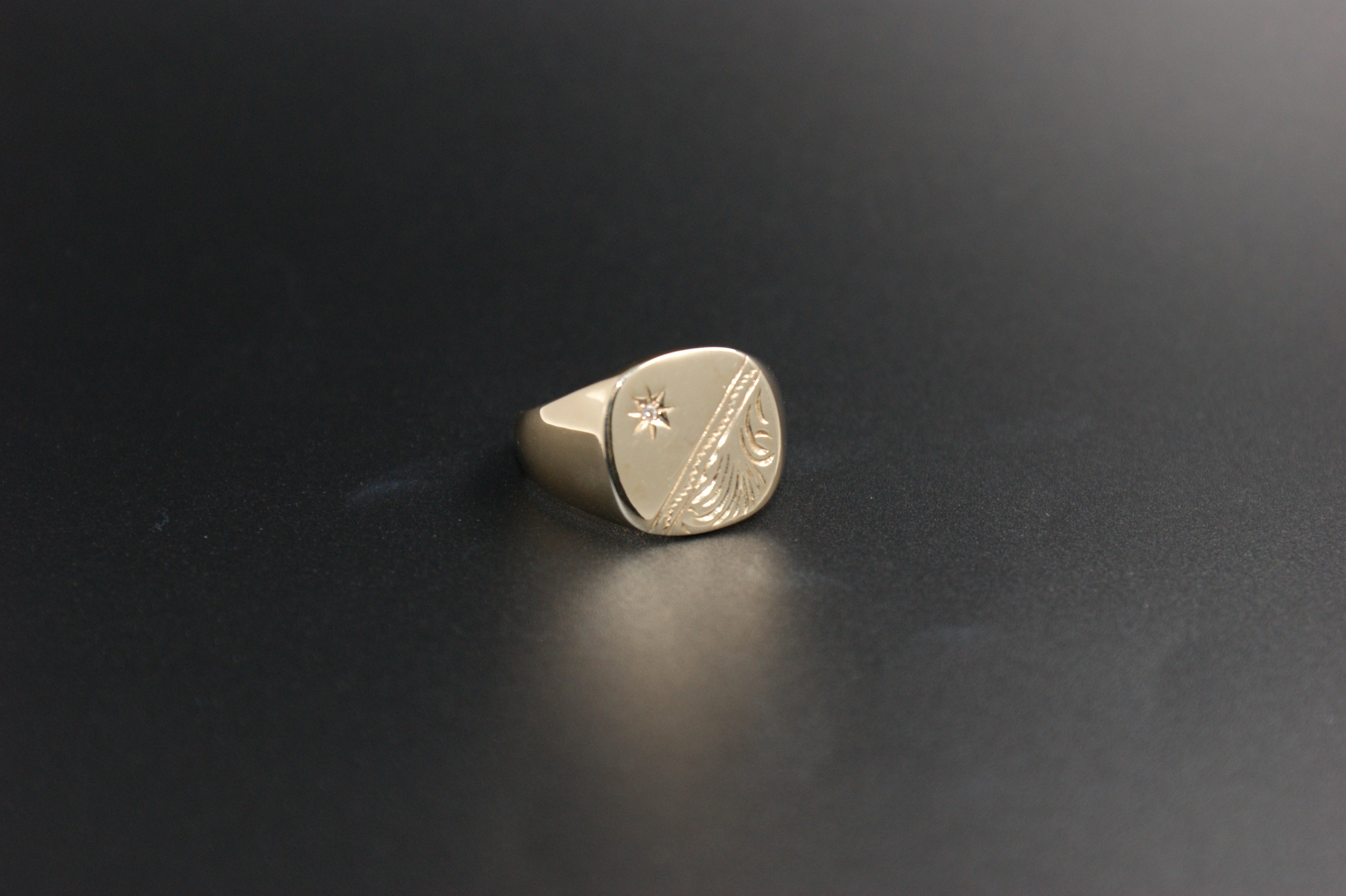 034-9ct Gold Engraved Signet Ring with Star-set Diamond.