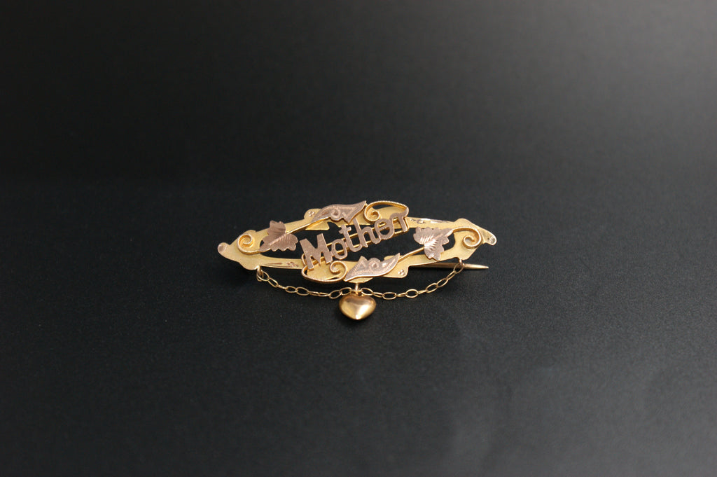 041- 9ct Gold Sweetheart ''Mother'' Bar Brooch with Heart Charm