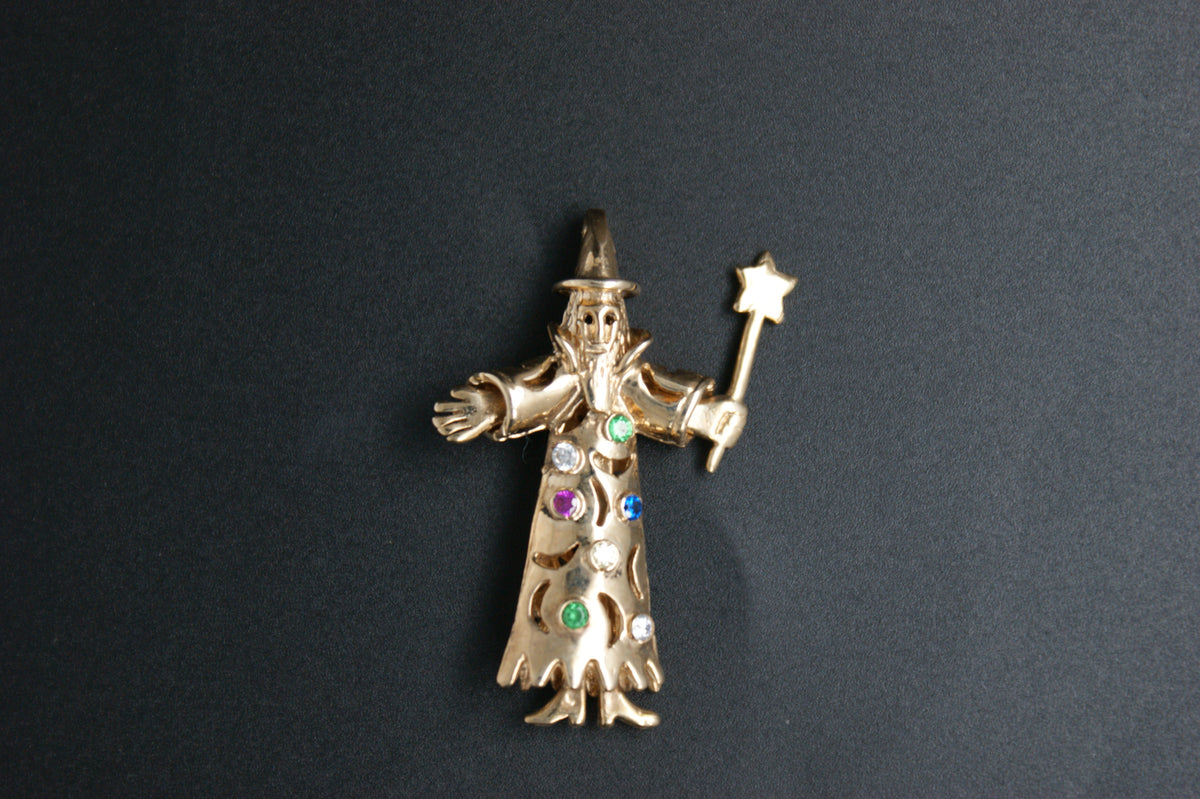 044- 9ct Gold Novelty Wizard Multi-Stone Pendant