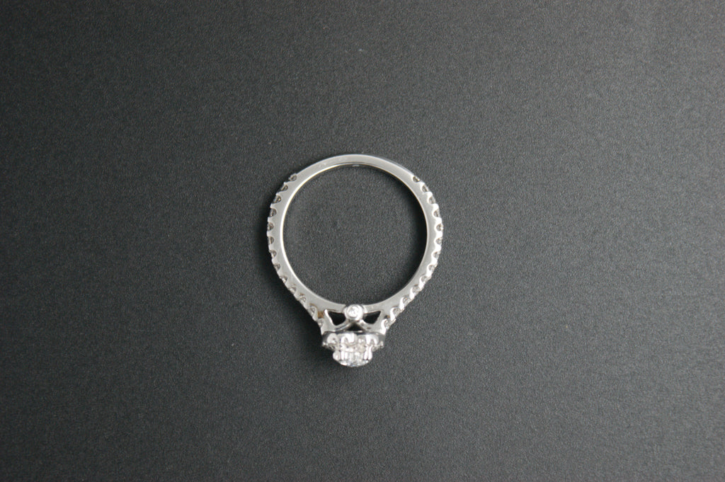 069- Platinum Heart-Cut Diamond Halo Ring with Pave Band