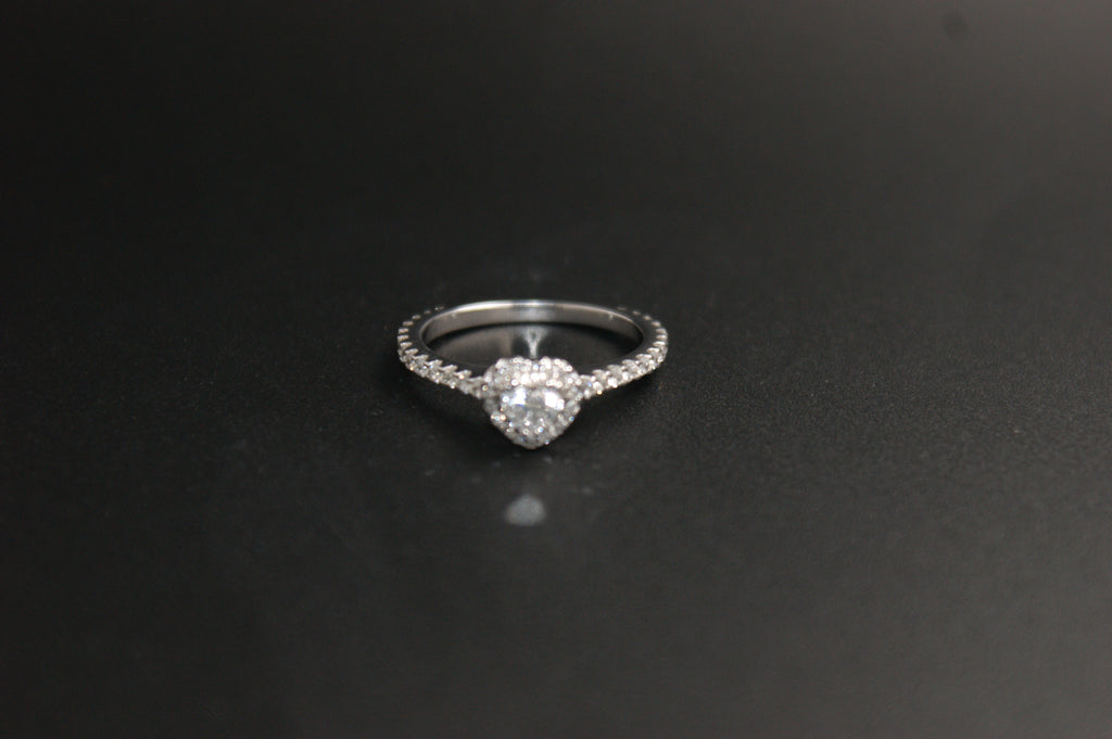 069- Platinum Heart-Cut Diamond Halo Ring with Pave Band