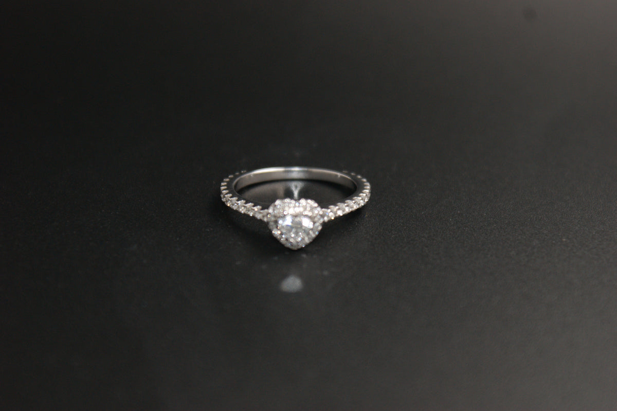 069- Platinum Heart-Cut Diamond Halo Ring with Pave Band