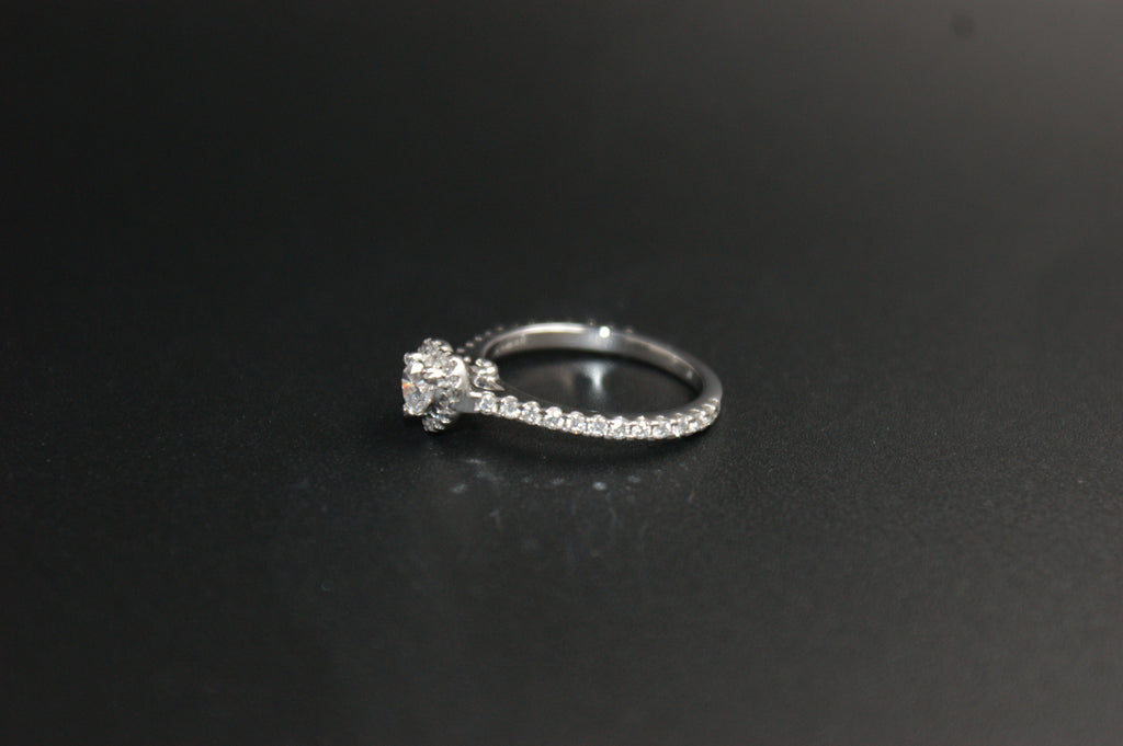 069- Platinum Heart-Cut Diamond Halo Ring with Pave Band