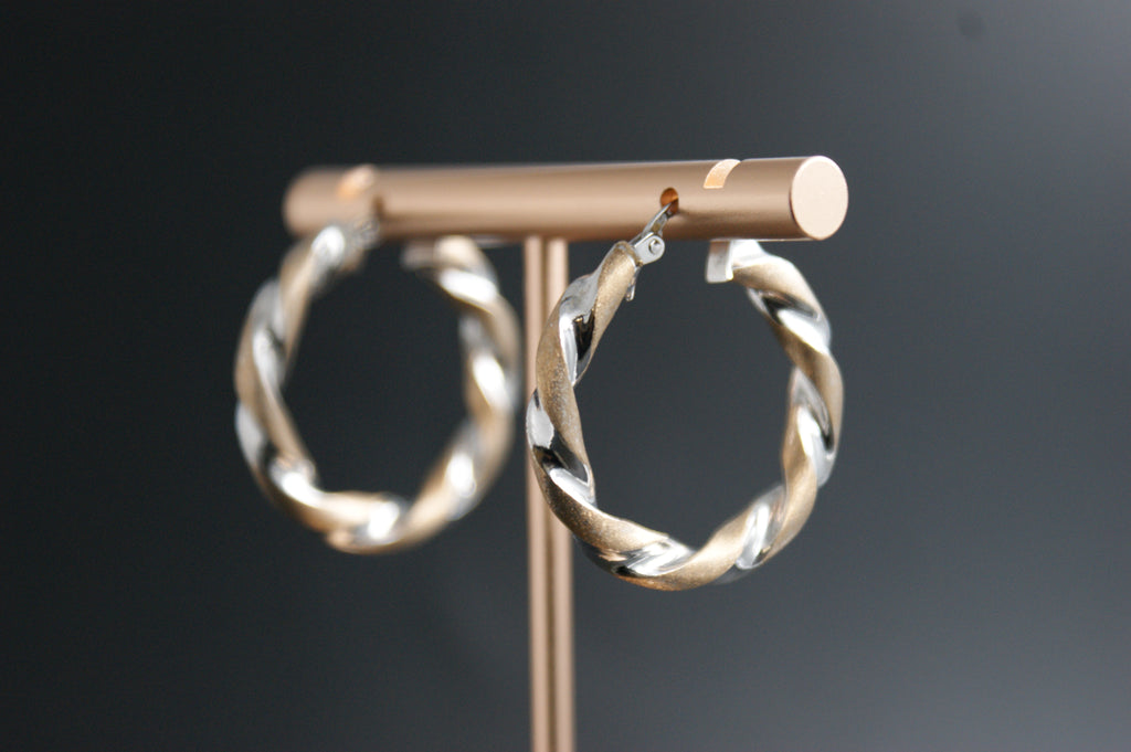 087- 9ct yellow and white gold twist hoop earrings.