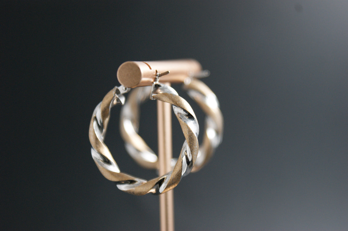 087- 9ct yellow and white gold twist hoop earrings.