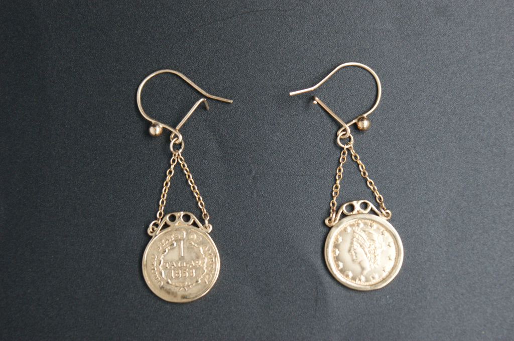 089- 9ct Yellow Gold 1853 ''1 Tallar'' Fantasy Coin Earrings