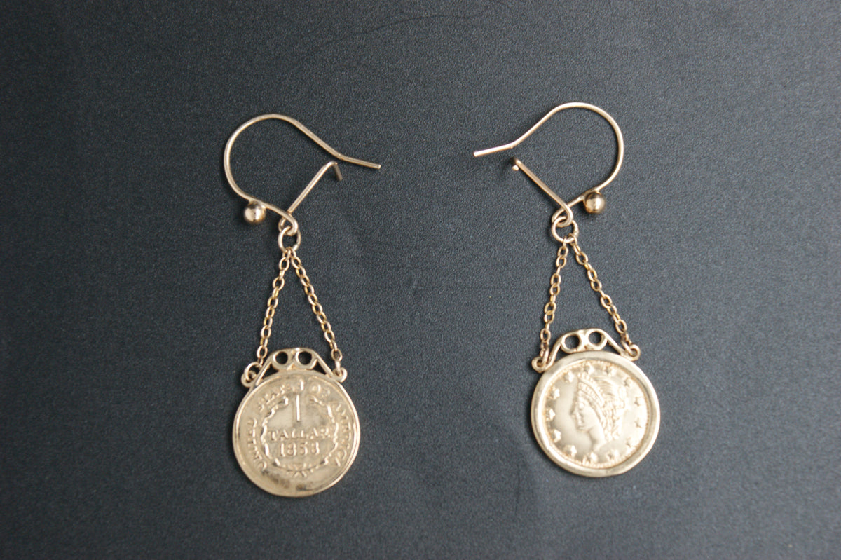 089- 9ct Yellow Gold 1853 ''1 Tallar'' Fantasy Coin Earrings