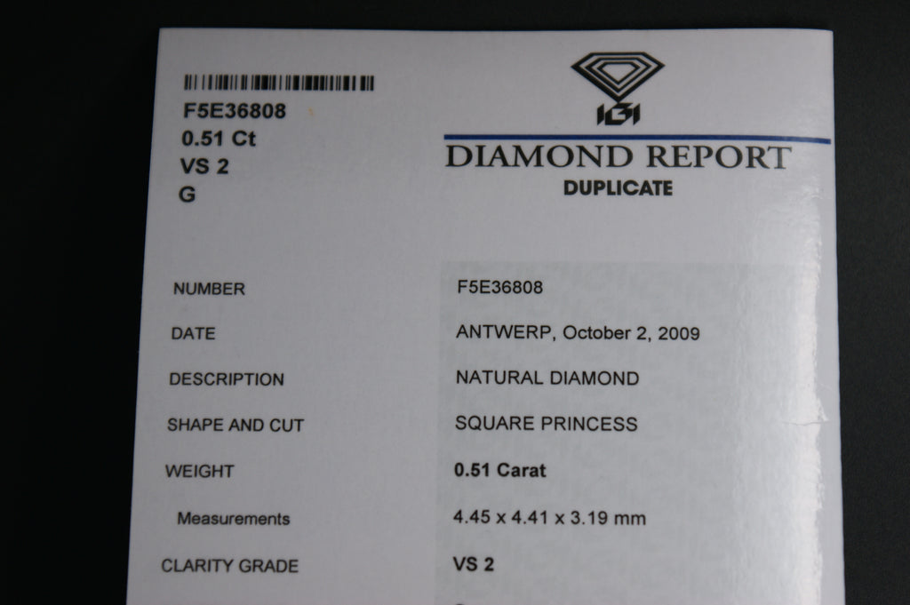 098-18ct White Gold 0.51ct Princess Cut Diamond Solitaire Ring