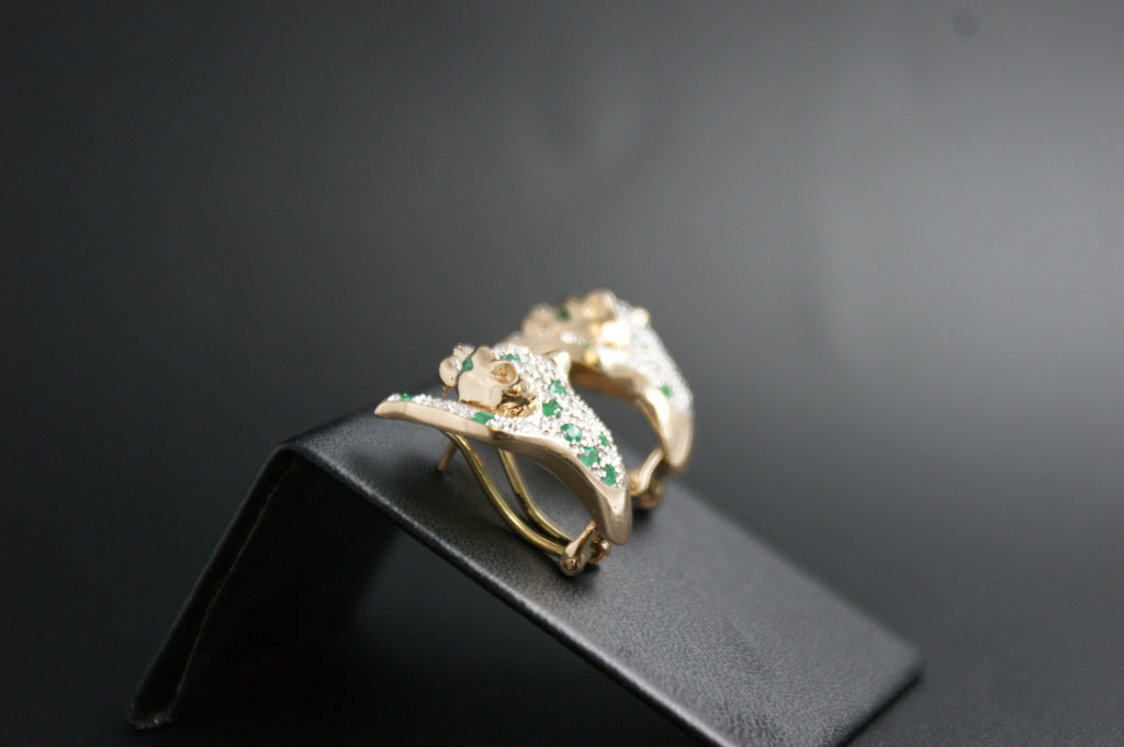 0123- 14ct emerald/diamond panther earrings.