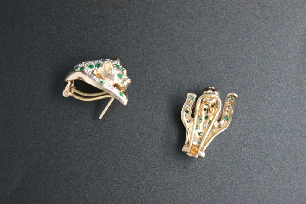 0123- 14ct emerald/diamond panther earrings.