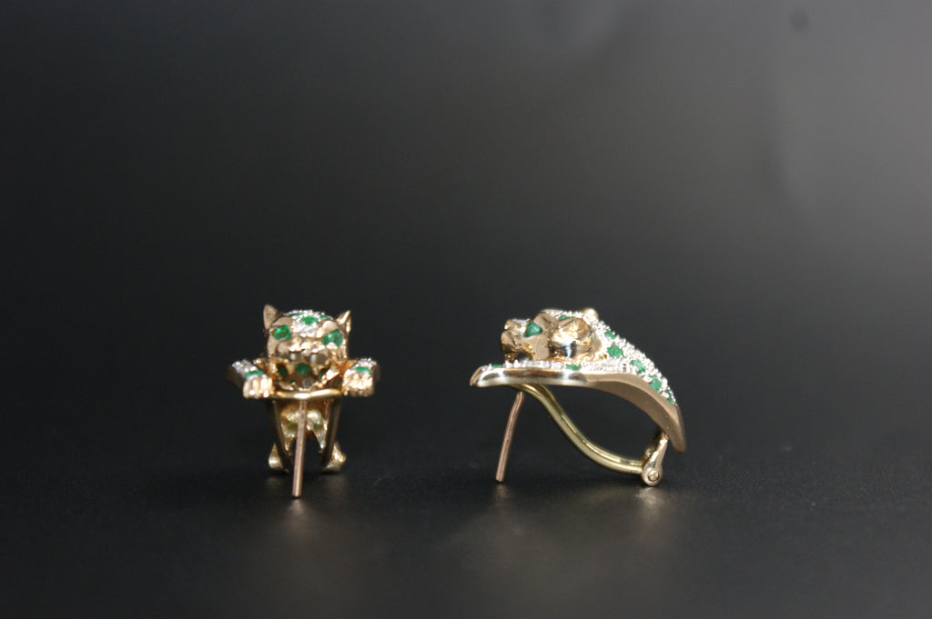 0123- 14ct emerald/diamond panther earrings.