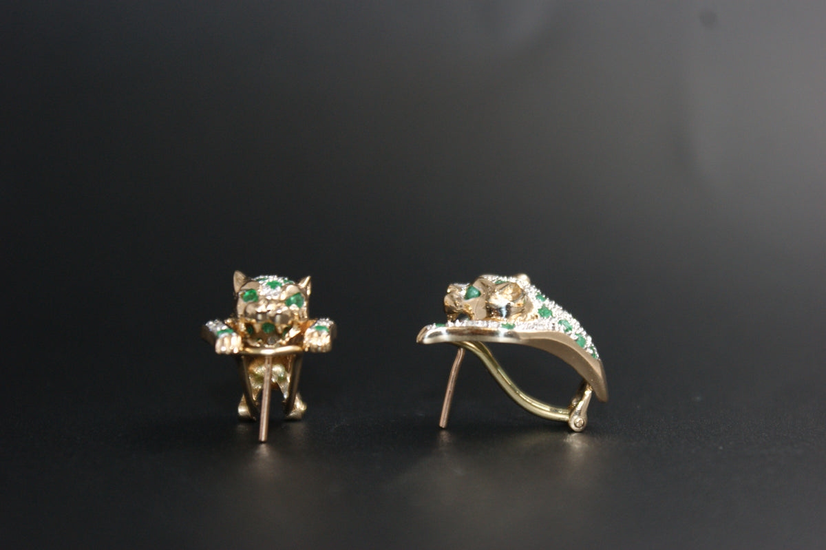 0123- 14ct emerald/diamond panther earrings.