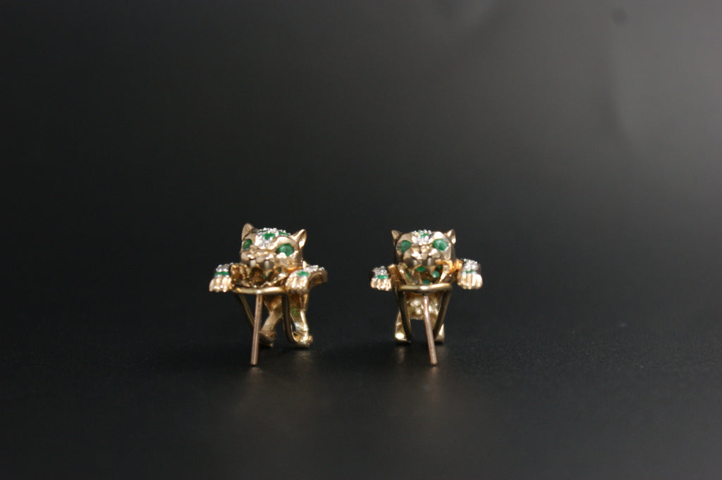0123- 14ct emerald/diamond panther earrings.