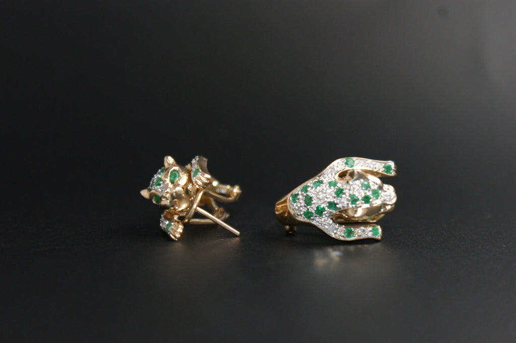 0123- 14ct emerald/diamond panther earrings.