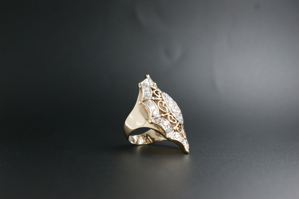 0130-  9ct Gold Cubic Zirconia Marquise-Shaped Web Ring