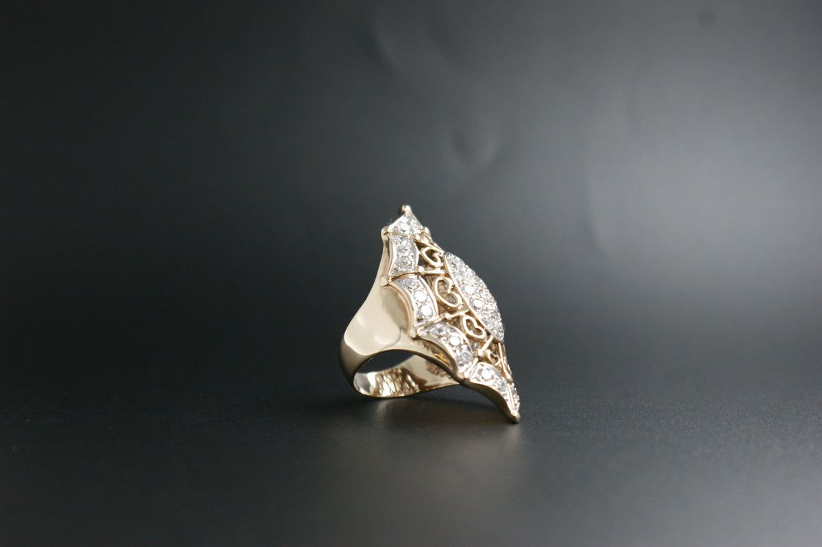 0130-  9ct Gold Cubic Zirconia Marquise-Shaped Web Ring