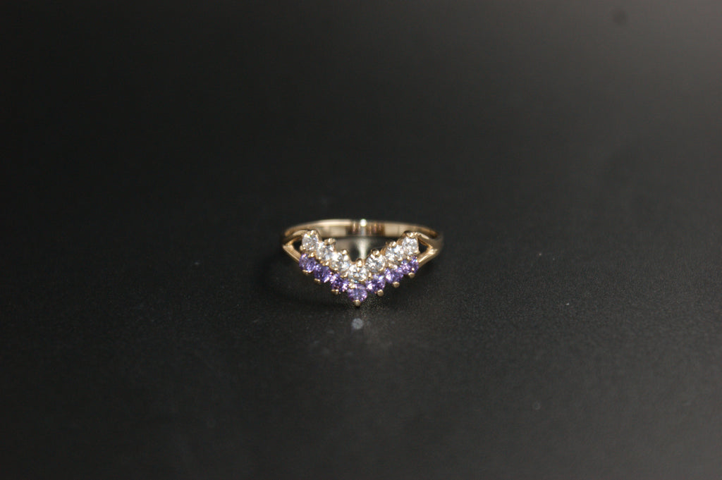 0144- 9ct Gold Amethyst and Cubic Zirconia Wishbone Ring.