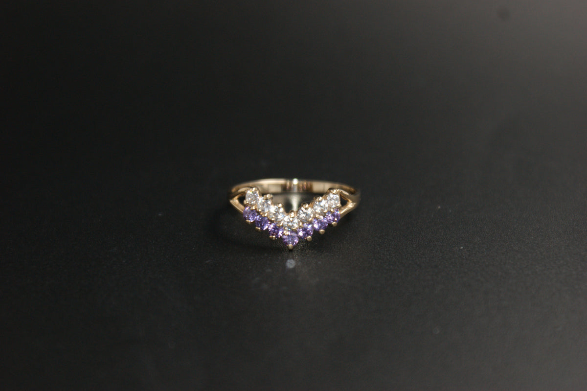0144- 9ct Gold Amethyst and Cubic Zirconia Wishbone Ring.