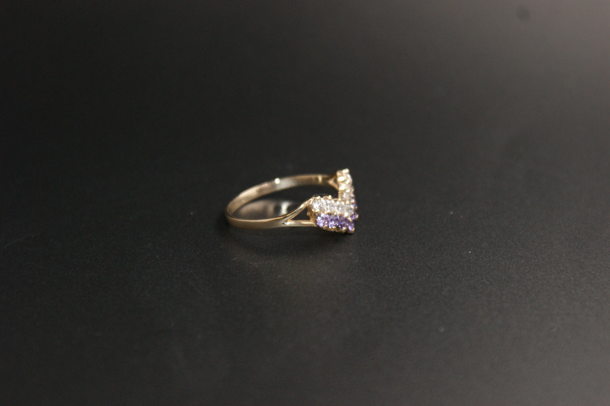 0144- 9ct Gold Amethyst and Cubic Zirconia Wishbone Ring.