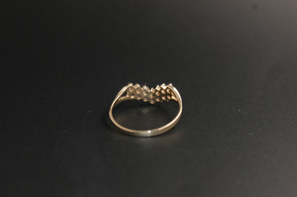 0144- 9ct Gold Amethyst and Cubic Zirconia Wishbone Ring.
