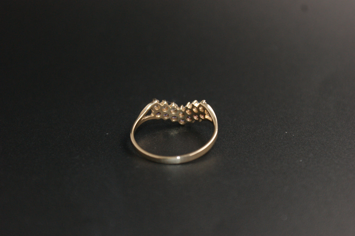 0144- 9ct Gold Amethyst and Cubic Zirconia Wishbone Ring.