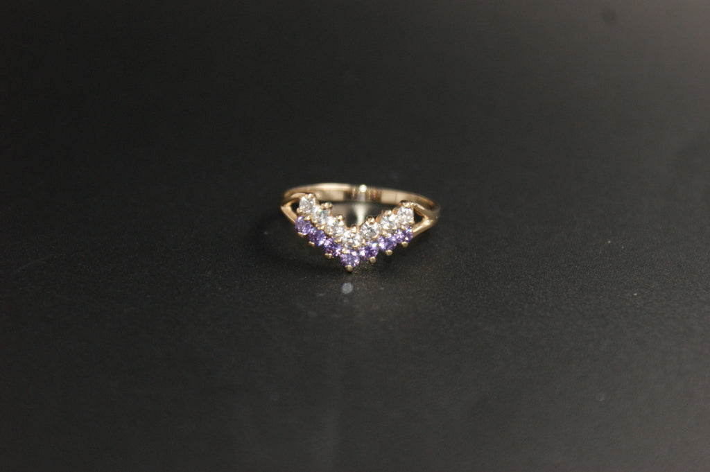 0144- 9ct Gold Amethyst and Cubic Zirconia Wishbone Ring.