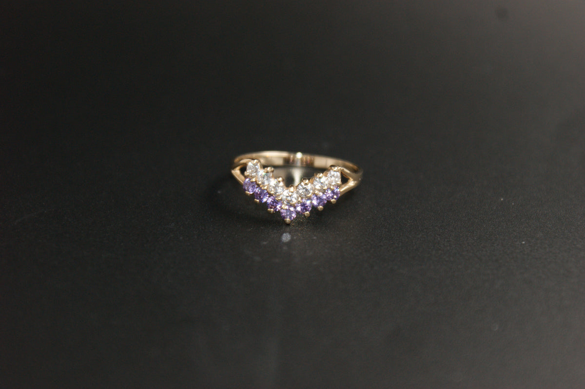 0144- 9ct Gold Amethyst and Cubic Zirconia Wishbone Ring.