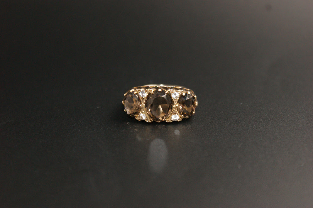 0146- 9ct Gold Smoky Quartz and Cubic Zirconia Ring.