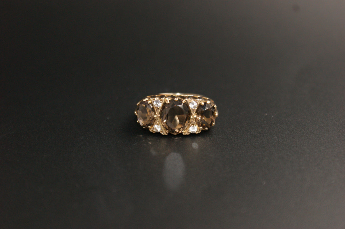 0146- 9ct Gold Smoky Quartz and Cubic Zirconia Ring.
