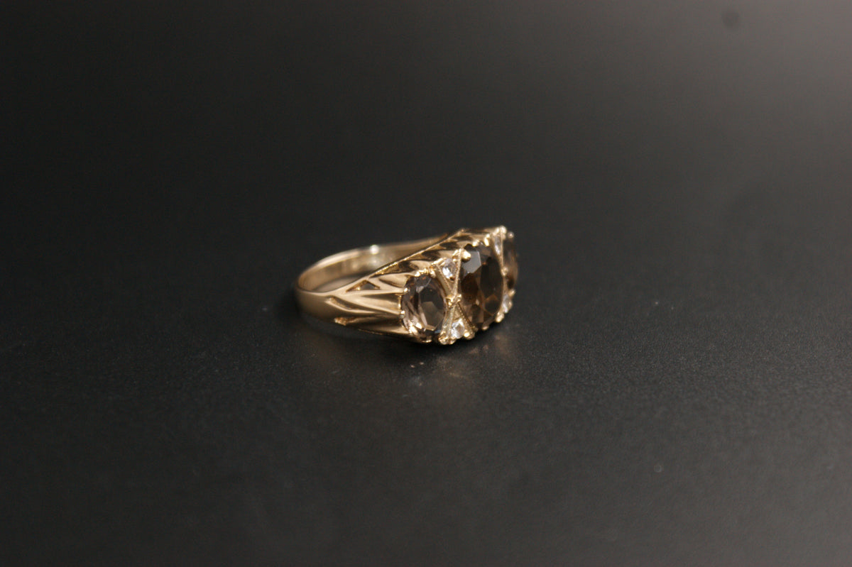0146- 9ct Gold Smoky Quartz and Cubic Zirconia Ring.