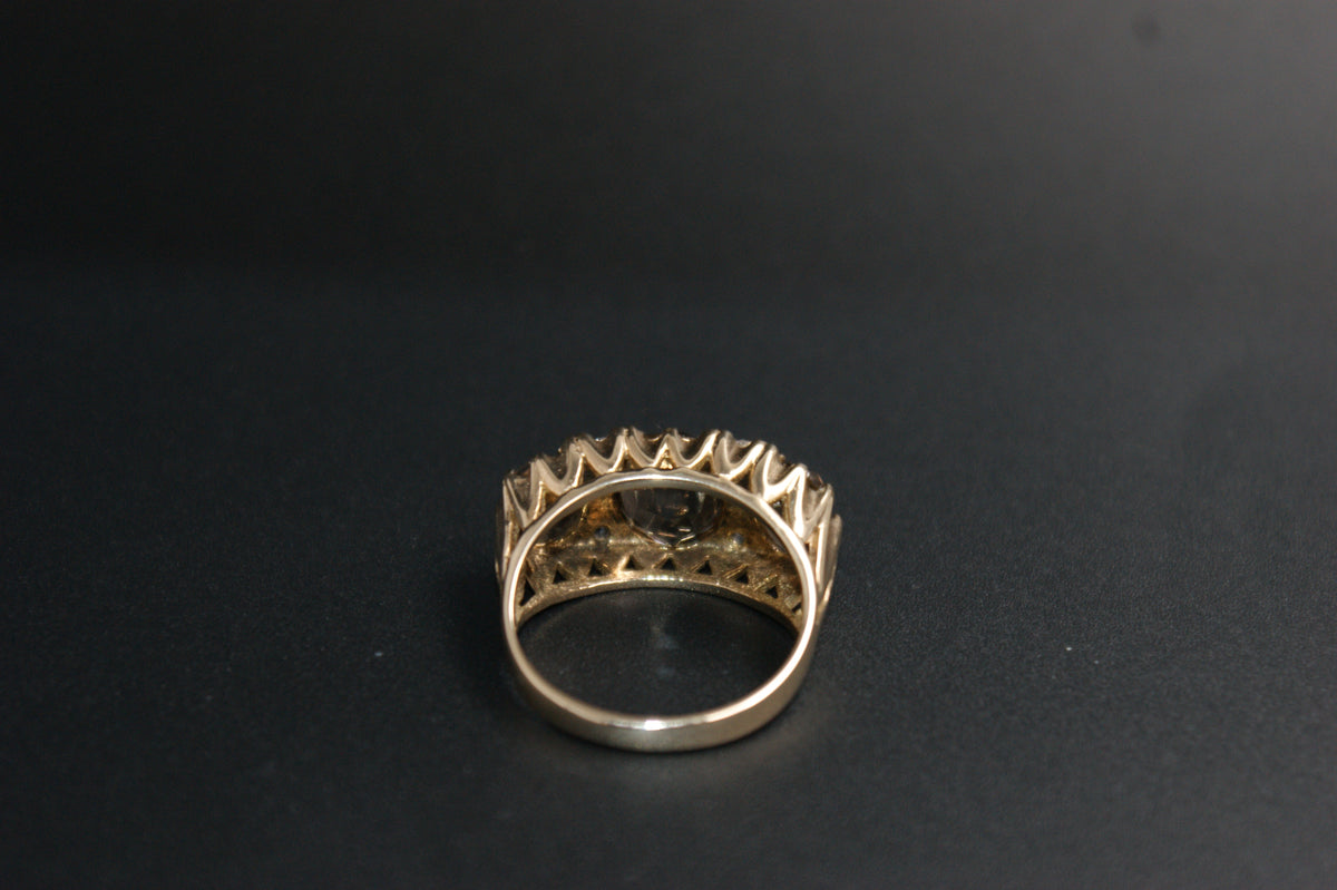 0146- 9ct Gold Smoky Quartz and Cubic Zirconia Ring.