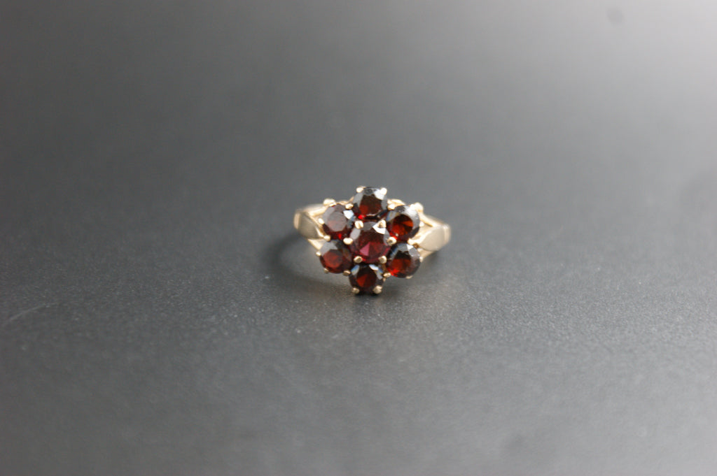 0149- 9ct Gold Garnet Flower Cluster Ring.
